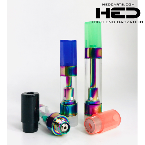High End Dabzation 0.5mL Rainbow Pressurized Cartridges with multi color round tips.
