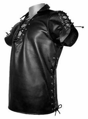 Leather shirt with short sleeves and laces style LS221 custom made www.leather-shop.biz front + side of shirt picture Leather shirt with short sleeves and laces style LS221 custom made www.leather-shop.biz front + side of shirt picture