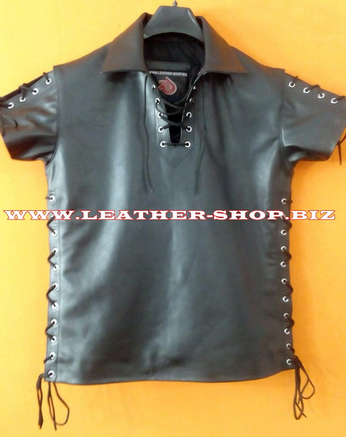 Leather Short Sleeve Shirt With Laces Style LS221 Custom-Made front