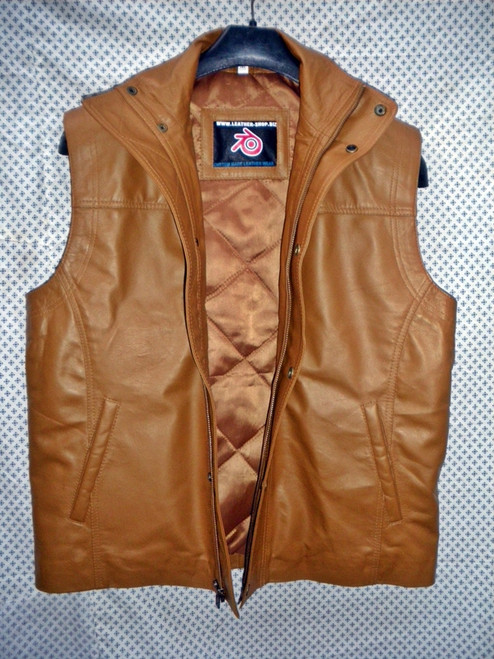 Long leather vest light brown MLVL11 www.leather-shop.biz front open