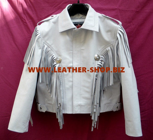 Custom Fringe Leather Jacket, Available in 9 Leather Colors MLFJ202 white front