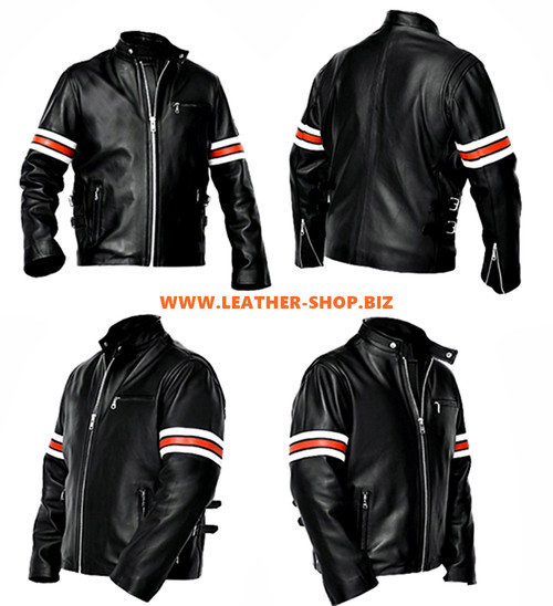 Leather Jacket Racer Style with Stripes MLJ229 Custom-Made In 9 Colors