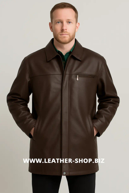 Handcrafted dark brown leather long coat MLC536 featuring a clean front design with hidden zipper closure, simple shirt collar with green inner lining, and distinctive zippered chest pocket. Premium quality custom-made leather apparel from LEATHER-SHOP.BIZ available in 9 colors for versatile style.