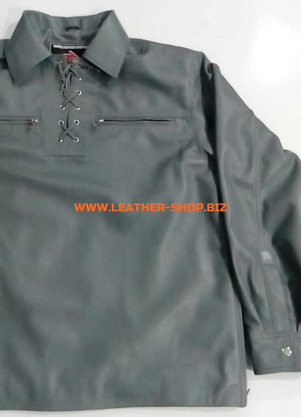 Gray leather shirt pullover style LS091 custom made www.leather-shop.biz front pic 3