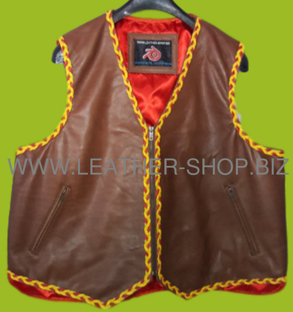 Mens leather vest with 2 colored braid style mlvb725 front pic.