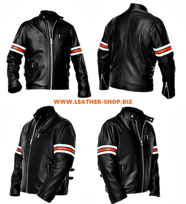 Leather Jacket Racer Style with Stripes MLJ229 Custom Made In 8 Colors