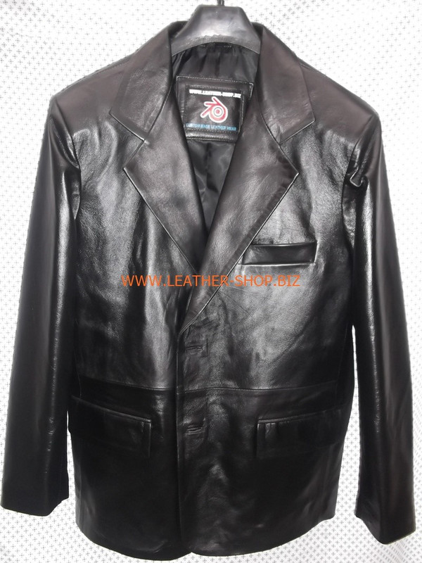 Mens black leather coat blazer style MLC0033 custom made LEATHER-SHOP.BIZ  front .