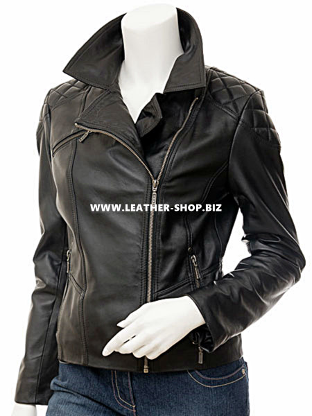 Ladies leather jacket LLJ603 custom-made diamond stitch style front