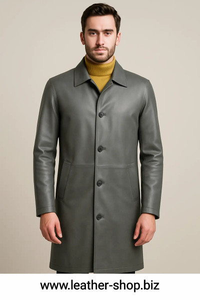 Front view of our MLC534 leather long coat in elegant gray, showcasing the classic shirt collar, four-button closure, and sleek silhouette. This premium custom-made coat features expert tailoring and high-quality leather construction.