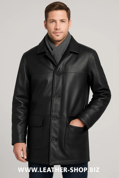 Handcrafted black leather long coat MLC537 featuring a classic single-breasted front, simple notched collar with visible inner lining, and practical flap pockets. Premium quality custom-made leather apparel from LEATHER-SHOP.BIZ available in 9 colors for versatile style.