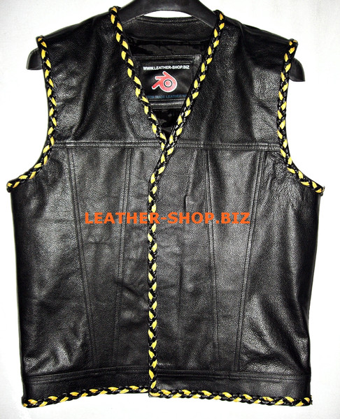 Mens leather vest with 2 color braid style MLVB1299 hidden front zipper and no seams on back  WWW.LEATHER-SHOP.BIZ front pic