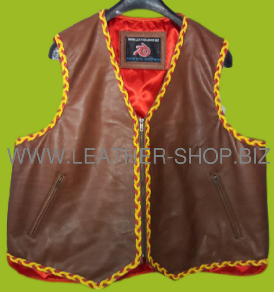 Mens leather vest with 2 colored braid style mlvb725 front