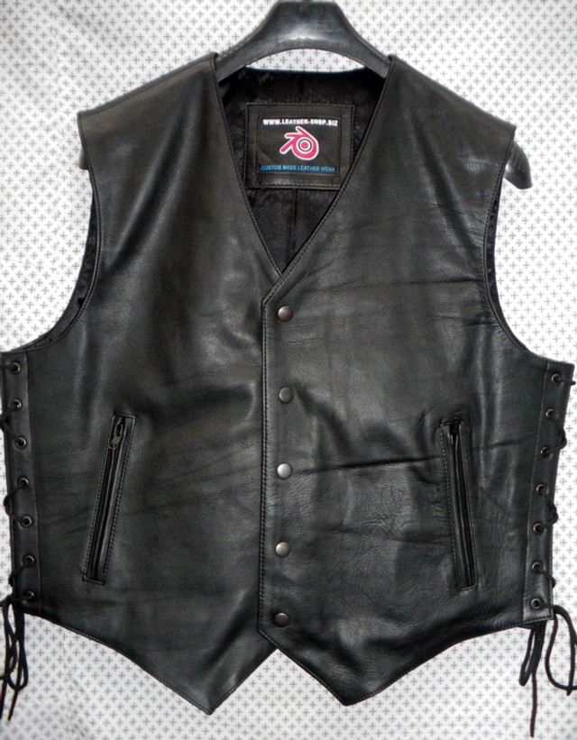 Mens Leather Vest Style MLV1340 no seams on back for sale.