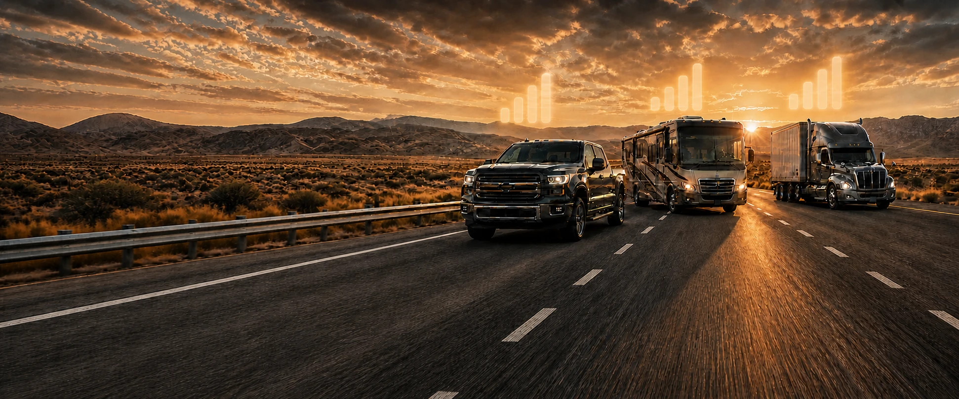 Pickup truck, RV, and semi truck driving through a western landscape at sunset