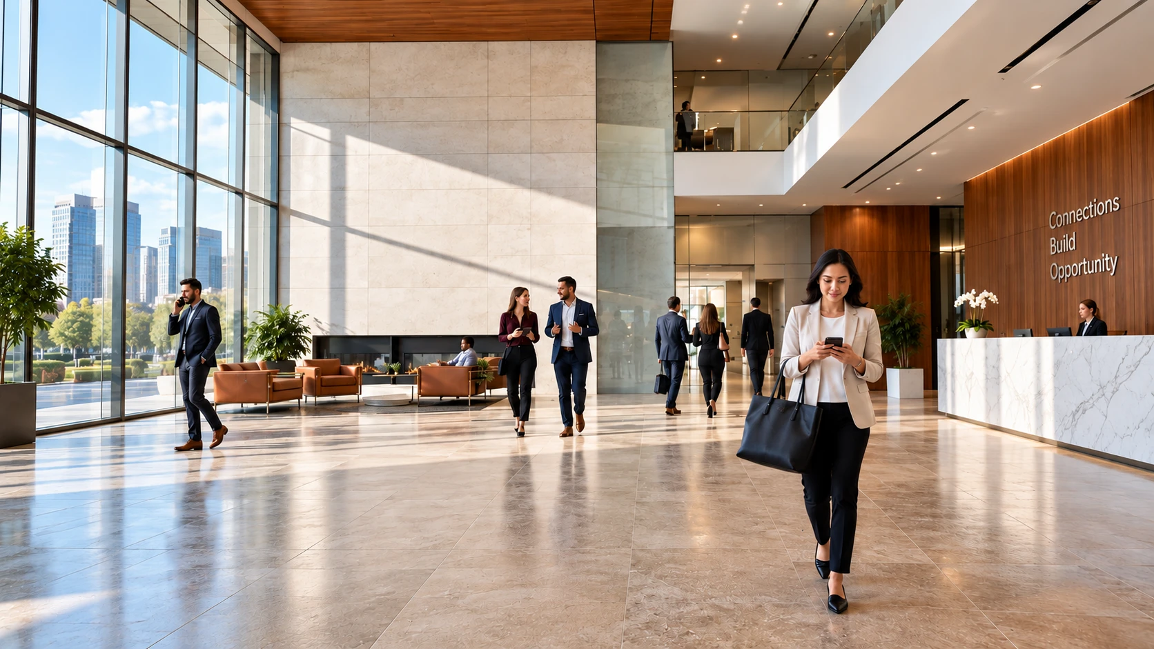 Visitors using their phones in a bright, modern commercial lobby