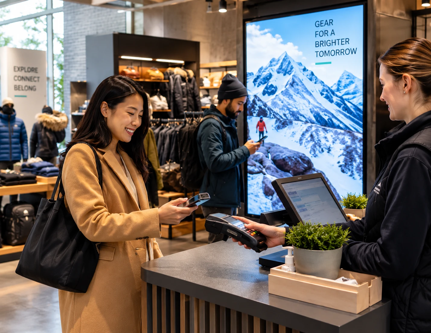 Customers using their phones in a Canadian outdoor retail store