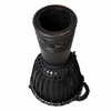 Bottom view of the open box X8 Black Stallion Pro djembe showing the hollow mahogany shell and carved base