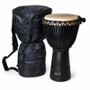 Open box X8 Drums Black Stallion Pro djembe with included black nylon backpack bag on a white background