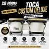 Promotional graphic for the Toca Custom Deluxe Fiberglass Bongos in Margarita Blanca featuring the X8 Drums logo, natural bison heads, seamless fiberglass shells, black chrome hardware, and professional Afro-Cuban percussion styling.