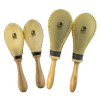 Toca Traditional Rawhide Maracas shown in medium and standard sizes with natural rawhide shells and hardwood handles.