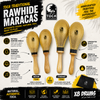 Feature overview of Toca Traditional Rawhide Maracas showing medium and standard sizes, authentic rawhide construction, hardwood handles, handcrafted quality, balanced feel, and included carrying bag for the T3142 model.