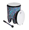Toca Sympatico® Nesting Tom-Toms Autumn Days 3-piece set with 12-inch, 14-inch, and 16-inch drums, matching mallet, pretuned Fiber Dot heads, and colorful patterned PVC shells.