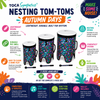 Colorful infographic highlighting the features of Toca Sympatico® Nesting Tom-Toms in the Autumn Days finish, including lightweight PVC construction, stackable nesting design, pretuned Fiber Dot heads, removable hand-playable heads, carrying harness, included mallets, compatibility with Freestyle II® drums, and availability in 12-inch, 14-inch, 16-inch, and 3-piece set configurations.