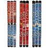 Collection of Toca Everpour Rainsticks featuring Cueca, Huaso, and Guanaco designs in red and blue finishes.