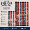 Infographic highlighting Toca Everpour Rainsticks with key features including 30+ second rainfall effect on 24-inch models, 60+ second rainfall effect on 48-inch models, hand-painted Chilean-inspired artwork, Cueca, Huaso and Guanaco designs, red and blue color options, and lightweight durable construction.