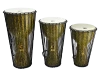 Group photo of Toca Talking Djembe models in 10-inch, 12-inch, and 14-inch sizes showing size comparison.