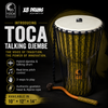 Promotional graphic for the Toca Talking Djembe featuring the innovative hybrid drum, talking drum beater, and key product highlights.