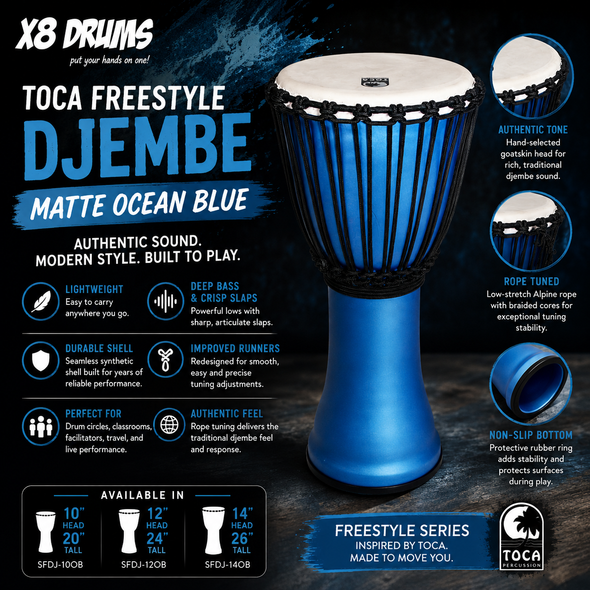Toca Freestyle Rope Tuned Synthetic Djembe Drum – Matte Ocean Blue