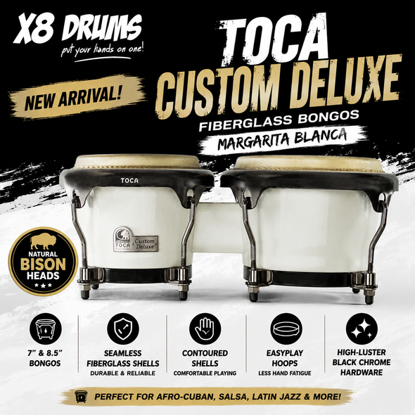 Promotional graphic for the Toca Custom Deluxe Fiberglass Bongos in Margarita Blanca featuring the X8 Drums logo, natural bison heads, seamless fiberglass shells, black chrome hardware, and professional Afro-Cuban percussion styling.