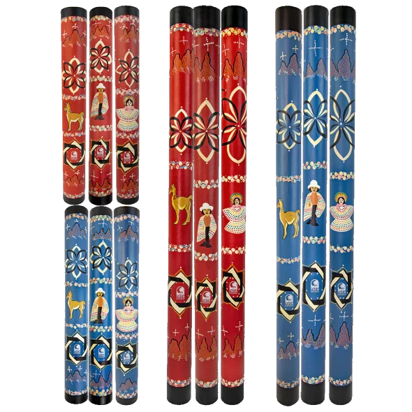 Collection of Toca Everpour Rainsticks featuring Cueca, Huaso, and Guanaco designs in red and blue finishes.