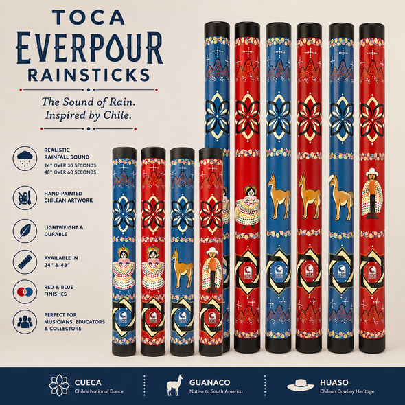 Infographic highlighting Toca Everpour Rainsticks with key features including 30+ second rainfall effect on 24-inch models, 60+ second rainfall effect on 48-inch models, hand-painted Chilean-inspired artwork, Cueca, Huaso and Guanaco designs, red and blue color options, and lightweight durable construction.