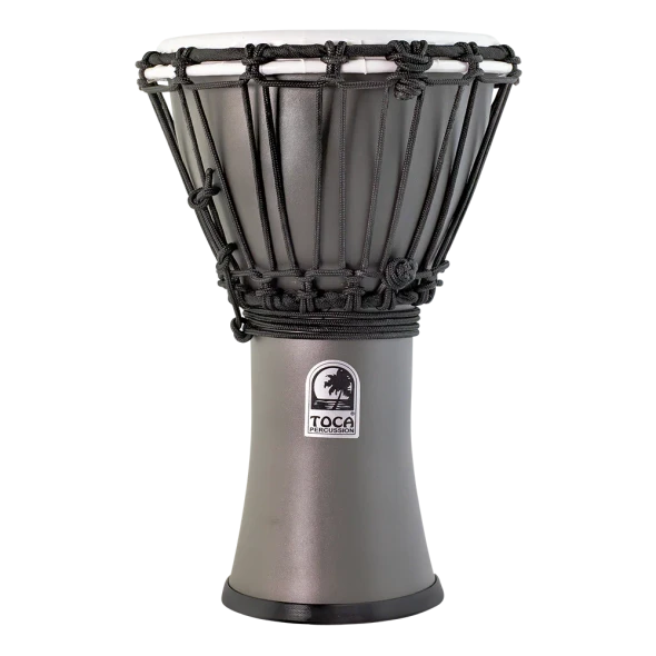 Toca Freestyle Colorsound 7 inch Matte Series djembe in Grey Skies finish with synthetic shell, rope tuning, and synthetic drumhead.