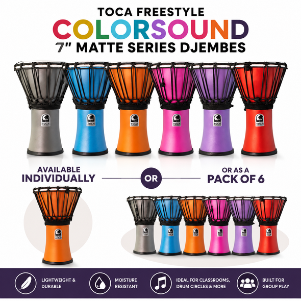 Toca Freestyle Colorsound 7 inch Matte Series djembes as sold individually or as a set