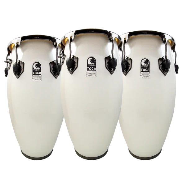 Toca Custom Deluxe Fiberglass Conga set in Margarita Blanca finish featuring Quinto, Conga, and Tumba drums with black chrome hardware.