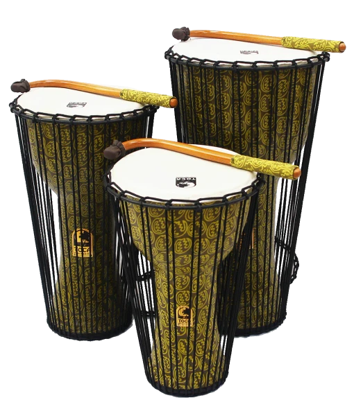 Toca Talking Djembe drums in 10-inch, 12-inch, and 14-inch sizes with included curved talking drum beaters.