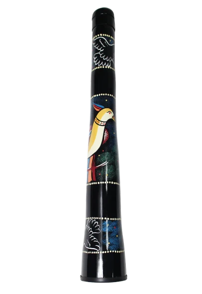 Toca Collapsible Didgeridoo in Cockatoo artwork design featuring colorful Australian bird graphics on a black finish.