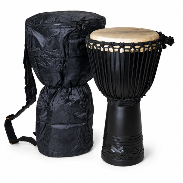 Open box X8 Drums Black Stallion Pro djembe with included black nylon backpack bag on a white background