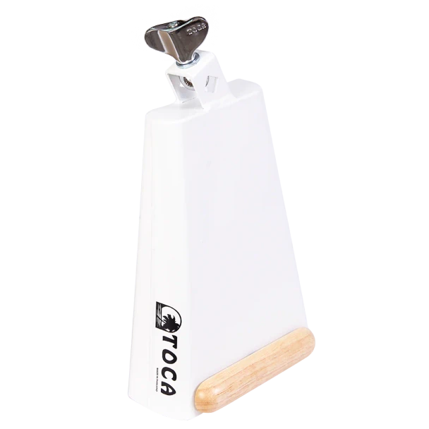 Angled view of the Toca Timber Tone Cowbell showing the wooden tone block designed to reduce overtones and metallic harshness.