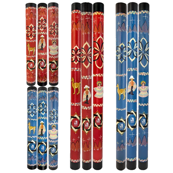 Collection of Toca Everpour Rainsticks featuring Cueca, Huaso, and Guanaco designs in red and blue finishes.