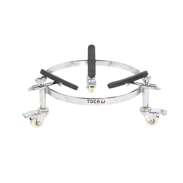 Toca TFBSL-C Low Profile Barrel Stand supporting a conga drum with locking casters and chrome-plated steel construction.