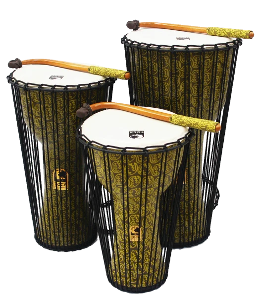 Toca Talking Djembe drums in 10-inch, 12-inch, and 14-inch sizes with included curved talking drum beaters.