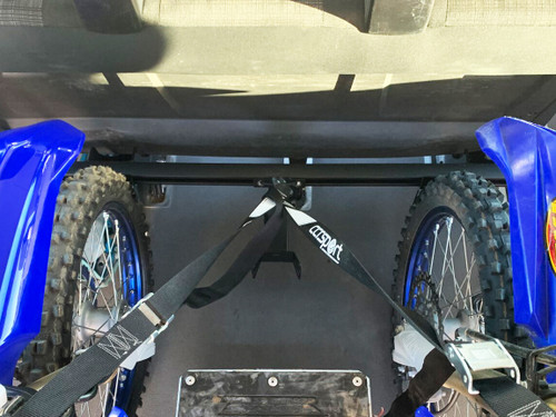 CCR Sport Mercedes Sprinter Van motorcycle tie down rack shown with two dirt bikes.