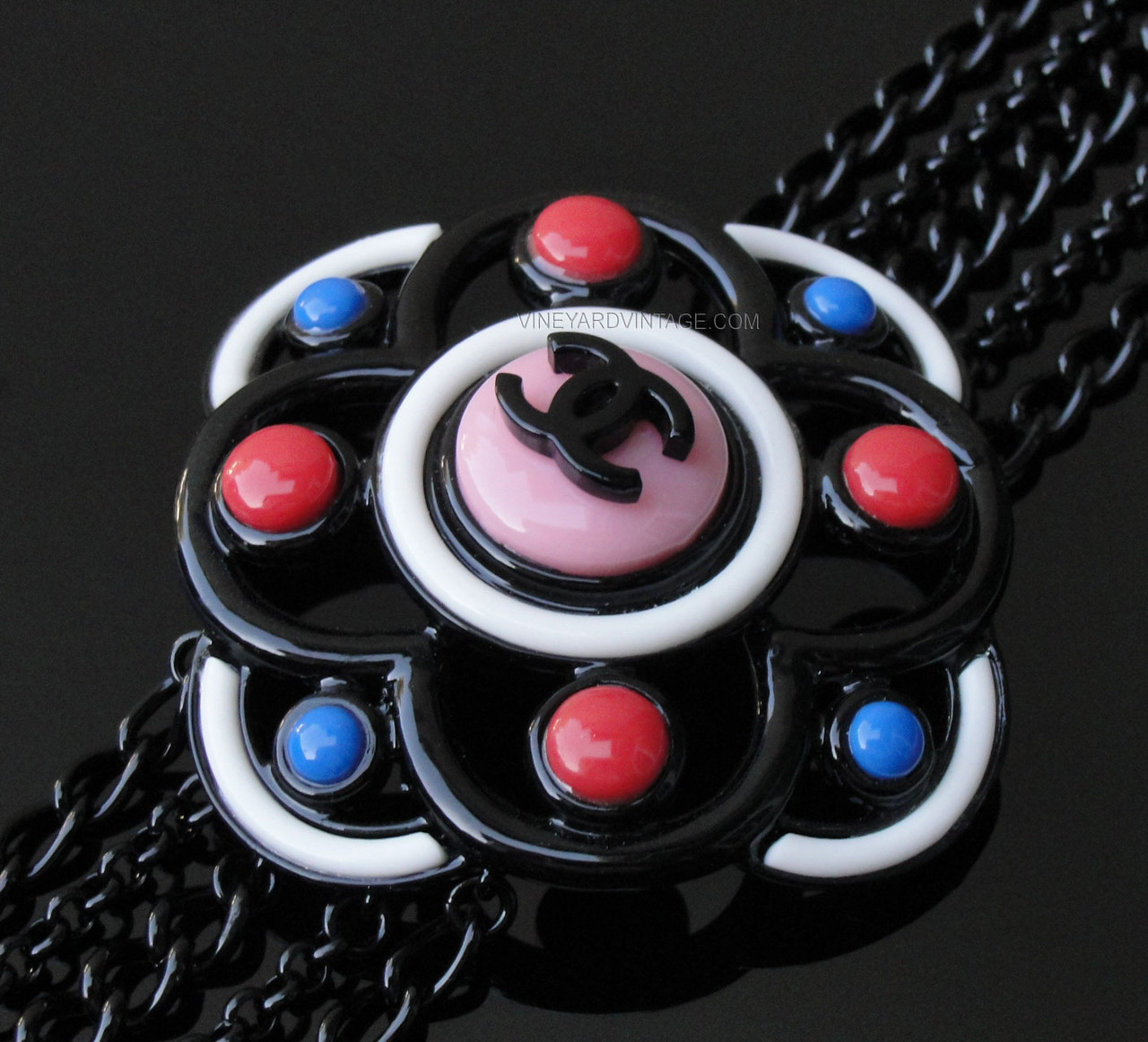 CHANEL MULTI LAYER BLACK METAL CHAIN, CC & COLORFUL FLOWER NECKLACE