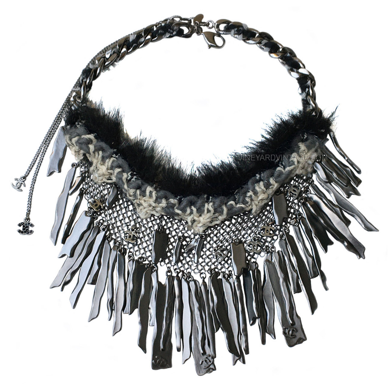 CHANEL RARE RUNWAY TWEED, CHAINMAIL & CC LOGO METAL FRINGE NECKLACE