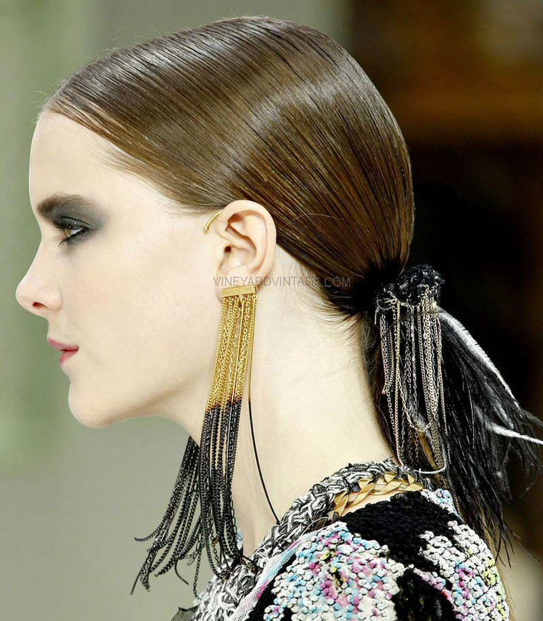 Chanel 7 Inch Black & Gold Over Ear Ombré Chain Earrings