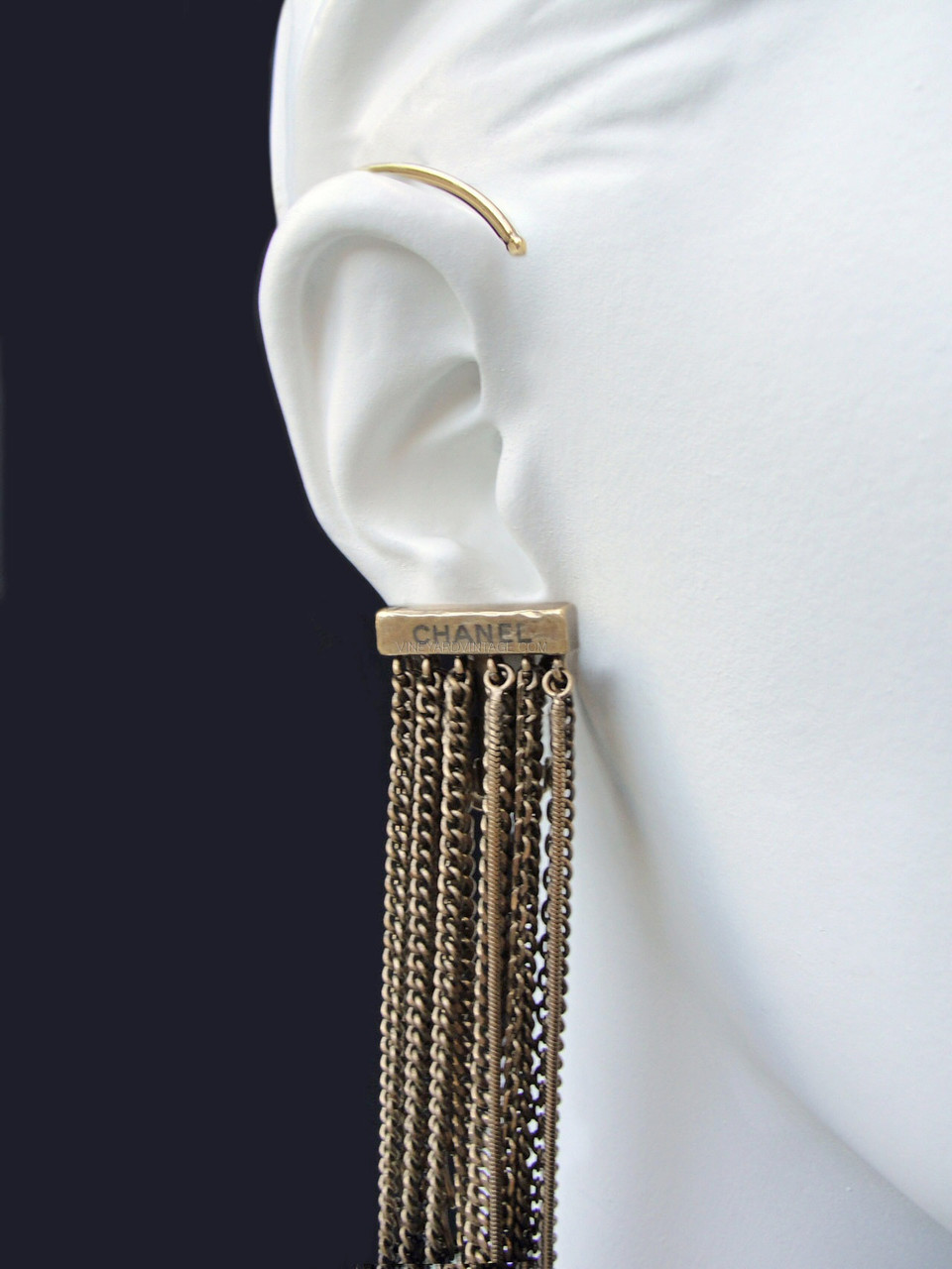 CHANEL 7 INCH BLACK & GOLD OVER EAR OMBRE CHAIN EARRINGS